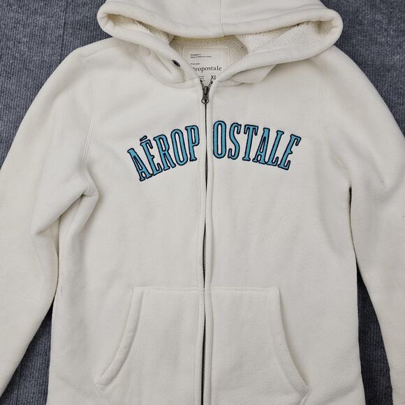 Vintage Aeropostale Hoodie Womens XL Y2K White Fleece Full Zip Logo Minimal Cozy - Picture 2 of 6